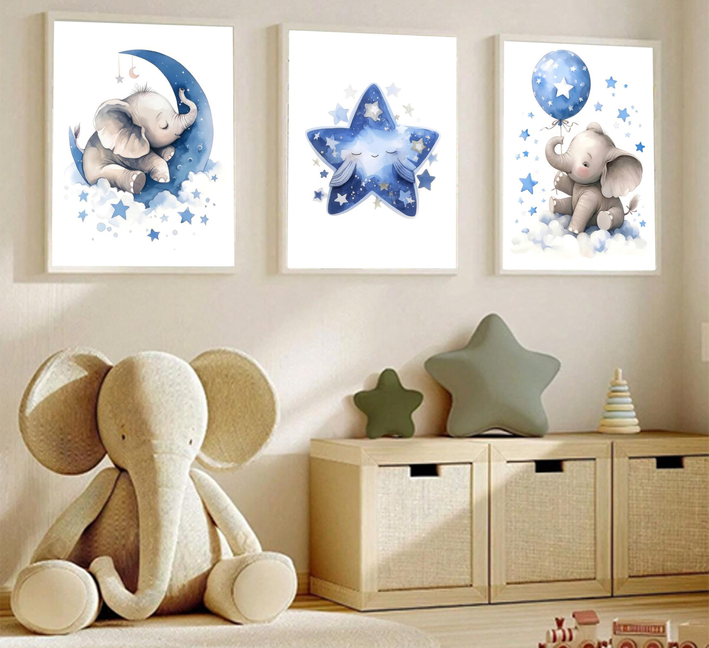 3Pcs Blue Nursery Elephant Canvas Wall Art Baby Boy Wall Decor Cute Animal Painting Pictures Moon And Stars Balloon Poster Prints for Nursery Classroom Kids Room Bedroom Home Decoration 12X16unframed