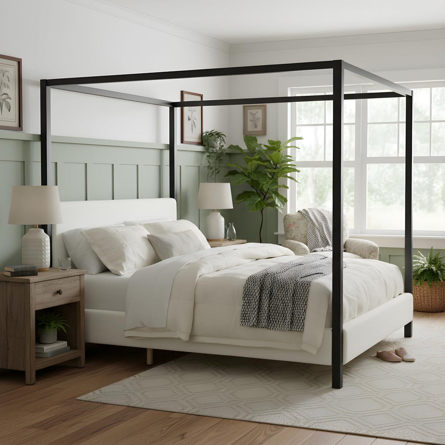 Merax King Size Modern Canopy Bed Frame, Merax Black Metal Platform Bed with Bouclé Upholstered Headboard, Four-Poster Design Wooden Slats Support Bedroom Bed Frame