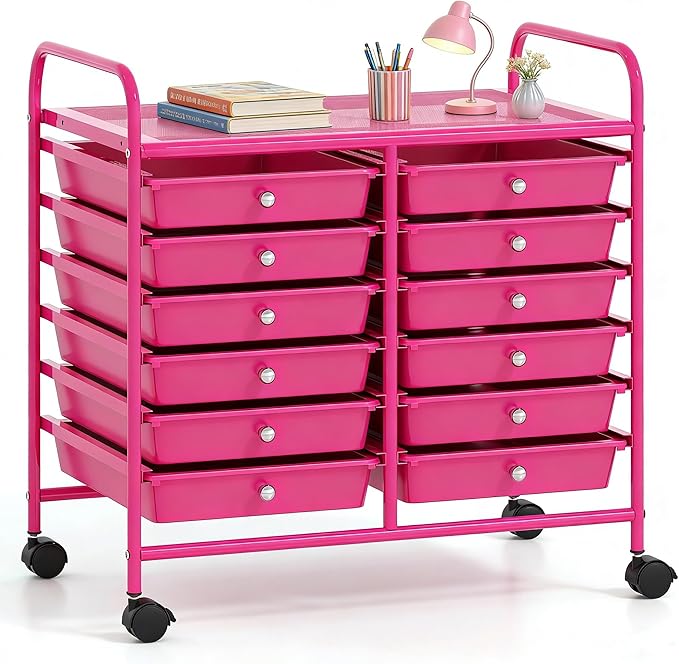 COSTWAY 12-Drawer Rolling Storage Cart, Utility Storage Organizer Cart for Tools, Scrapbook, Paper, Craft, Multipurpose Art Supply Organizer on Wheels for Home Office School, Teacher, Hot Pink