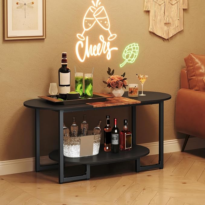 HOOBRO Coffee Table for Living Room, Oval Small Coffee Table with 2-Tier Open Storage Shelf, Industrial Cocktail Tea Table, Wooden Desktop Center Table, Home Office, Rustic Brown and Black BFK09KF01