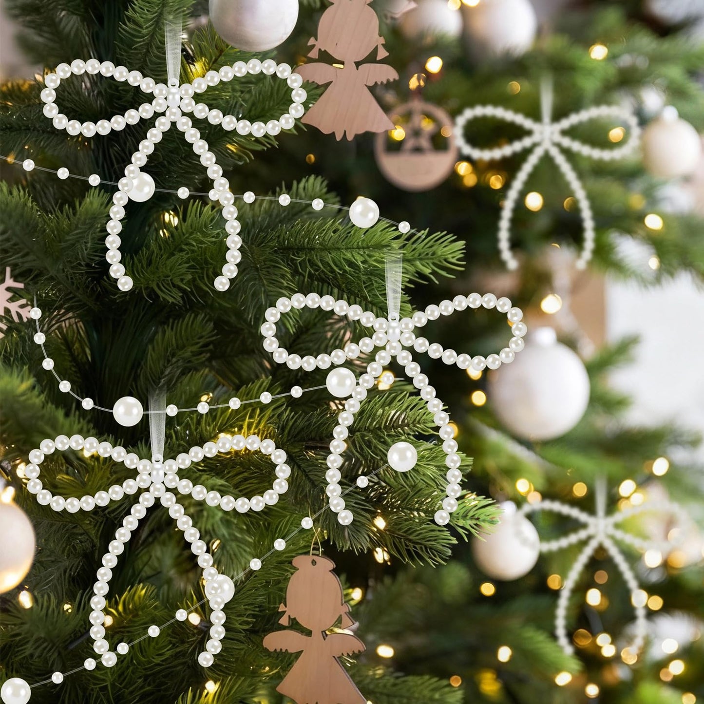 Chunful 37 Pcs Pearl Bow Christmas Tree Ornaments Pearl Bow Beads Garland Decorations for Xmas Cake Holiday Wedding Home Decor Crafts