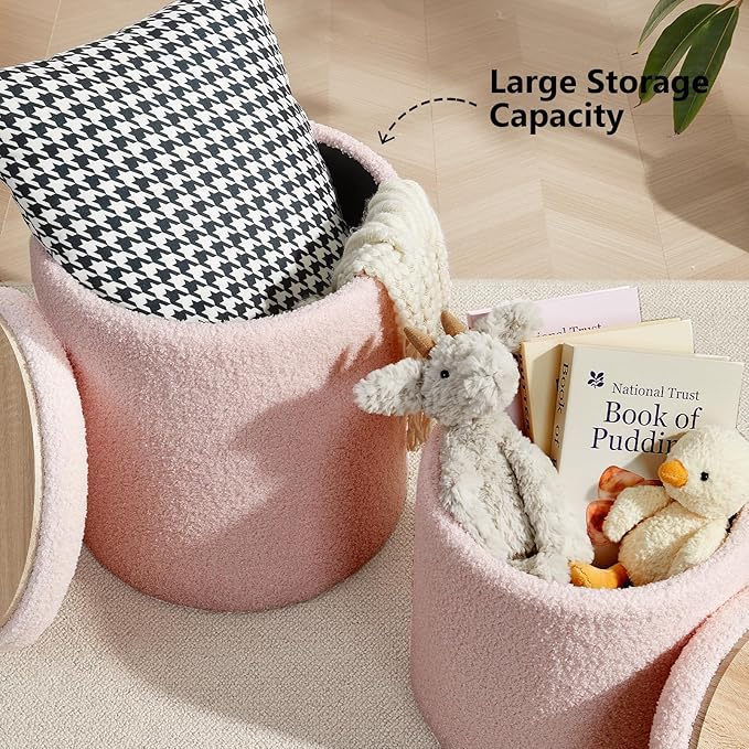 Royal Windsor Boucle Round Ottoman with Storage Set of 2,Small Foot Stool Ottoman for Living Room, Small Coffee Table,Vanity Stool with Storage for Bedroom, Pink