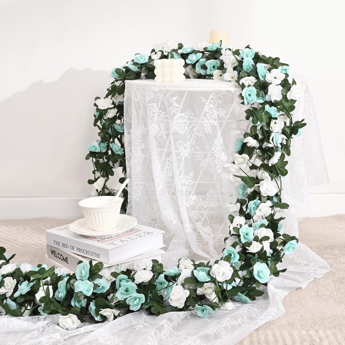 BLEUM CADE 2Pcs 16.4Ft Flower Garland Artificial Rose Vines for Bedroom, Cute Fake Hanging Flower Vines Floral Garland Decorations for Wedding Party Wall Room Decor Aesthetic