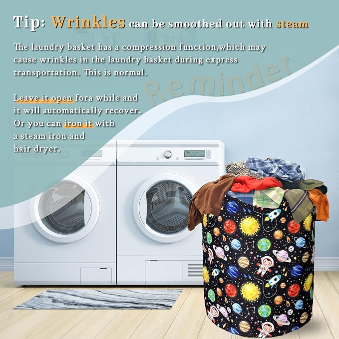 Funny Astronaut Laundry Basket Foldable With Handles Galaxy Tote Bag Oxford Cloth Colorful Planet Laundry Hamper Clothe Storage Bucket Toy Organizer 18.9"x16.5"For Bathroom/Laundry/Bedroom
