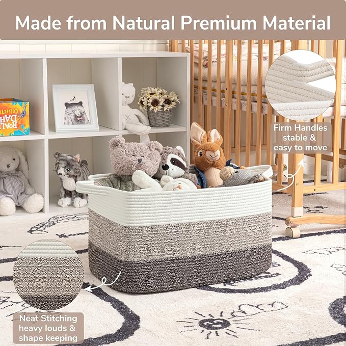 Goodpick Large Woven Storage Basket, 21.6"x14.9"x11.8", Blanket Storage for Bedroom and Living Room, Rectangle Rope Baskets for Storage, White Brown