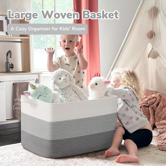 Goodpick 85L Large Woven Basket 23.6" x 15.7" x 13.8" Cotton Rope Storage Baskets for Organizing, Decorative Blanket Basket for Living Room Bedroom, Toy Baskets Storage Kids, Gray