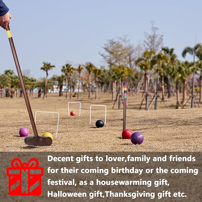 Deluxe 8 Players Croquet Set with 32In Regulation | 28In Standard Size Rubber Wood Mallets, Colored PE Ball, Wickets, 21In End Stakes - Lawn Backyard Game for Teens/Adults/Family