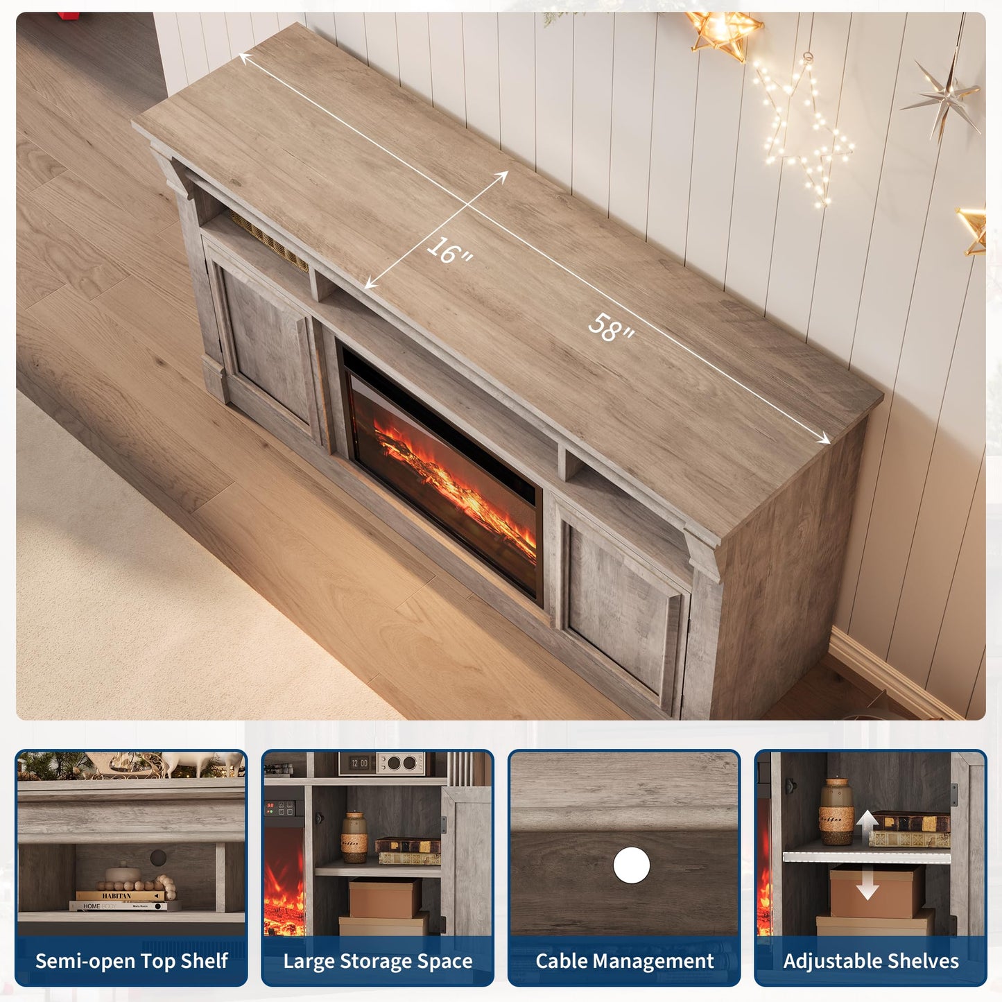 GarveeHome 58" Farmhouse Electric Fireplace TV Stand for TV Up to 65", Entertainment Center with 30'' Fireplace, Console Table TV Cabinet with Open Storage Shelves for Living Room