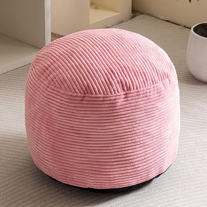 HIGOGOGO Round Stuffed Pouf Ottoman, Corduroy Poufs with Foam Chunk Filling, Furry and Fluffy Pouf Foot Stool Storage Ottoman, 20 X 15 Floor Poufs Foot Rest for Living Room, Pink