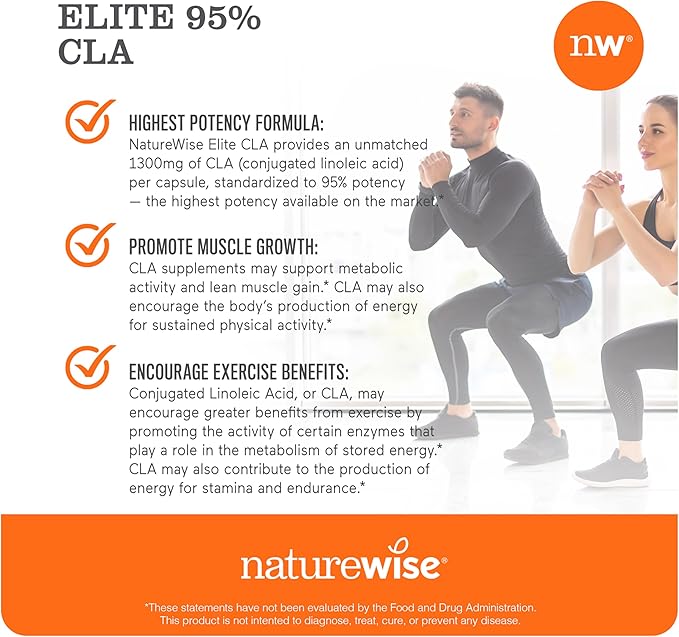 NatureWise CLA 1300 - 95% Active Conjugated Linoleic Acid for Women and Men, Not Stimulating, Supports Weight & Fitness Goals - Non-GMO, Gluten Free - 180 Softgels[2-Month Supply]