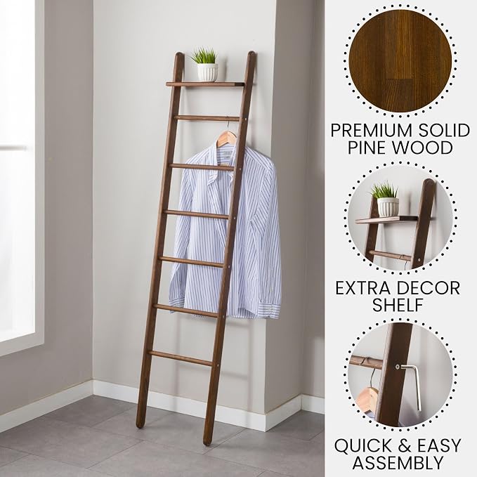 Solid Pine Wood Blanket Ladder for Living Room Bathroom Organizer Shelves, 7-Tier 5-Tier Freestanding Shelf, Freestanding Towel Rack Extra Storage, Wall-Leaning (Walnut, Large)