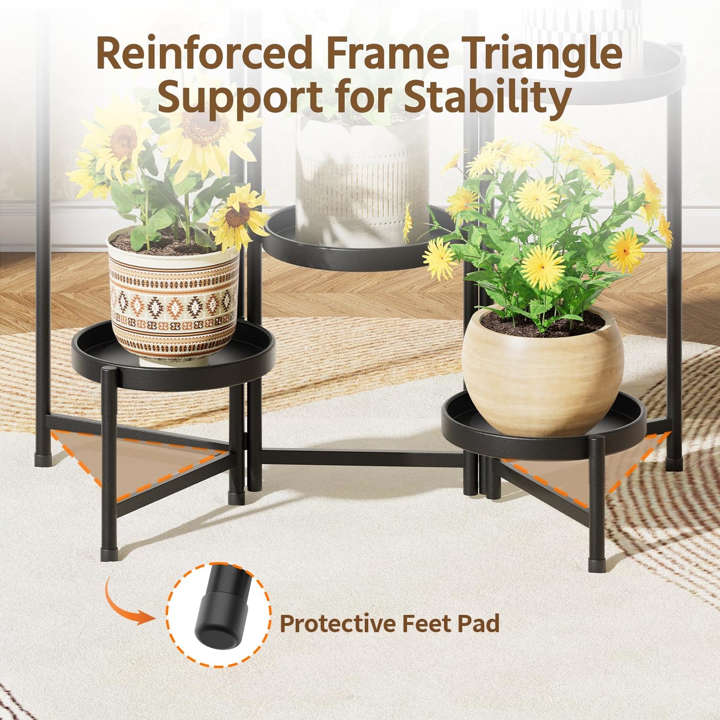LASZOLA 6 Tier Large Plant Stand Indoor Tall with 10 Inch Metal Tray, Corner Folding Flower Display Rack, Modern Plant Holder Shelf for Outdoor Patio Porch Garden Office Living Room, Black