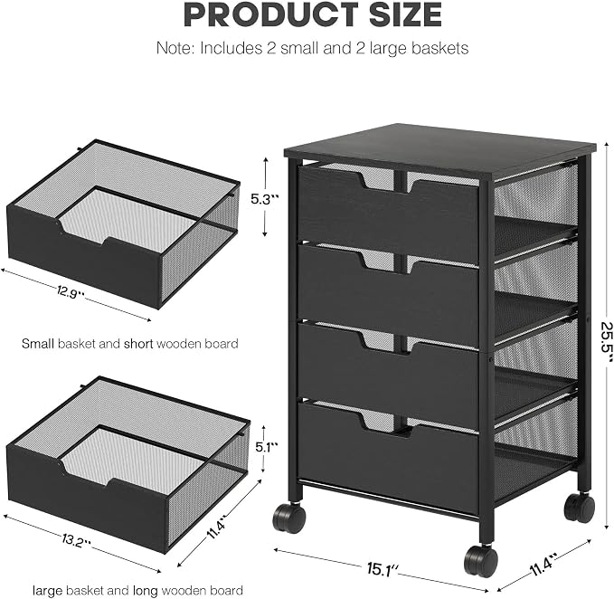 Rolling Cart with Drawers, Wooden Top and Front, with Wheels Metal Under Desk Storage Cart with 4 Drawers, for Office, Bedroom, Classroom, Home, Black
