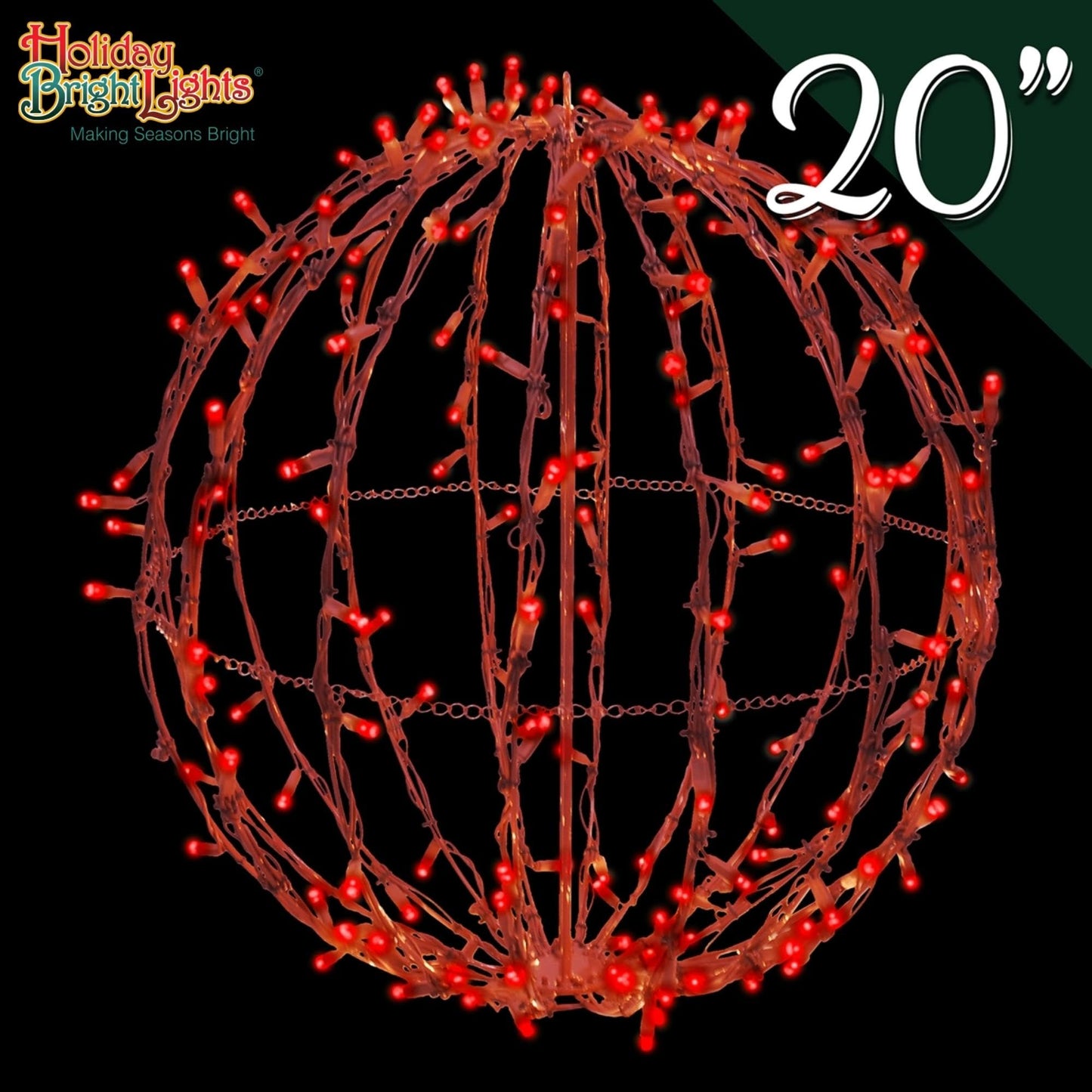 Holiday Bright Lights 20" Brown Sphere Foldable Christmas Lights, Pathway Ball Light and Decoration for Indoor/Outdoor, Hanging Orb Lights for Backyard, Garden Patio and Garage LED - 200L Red