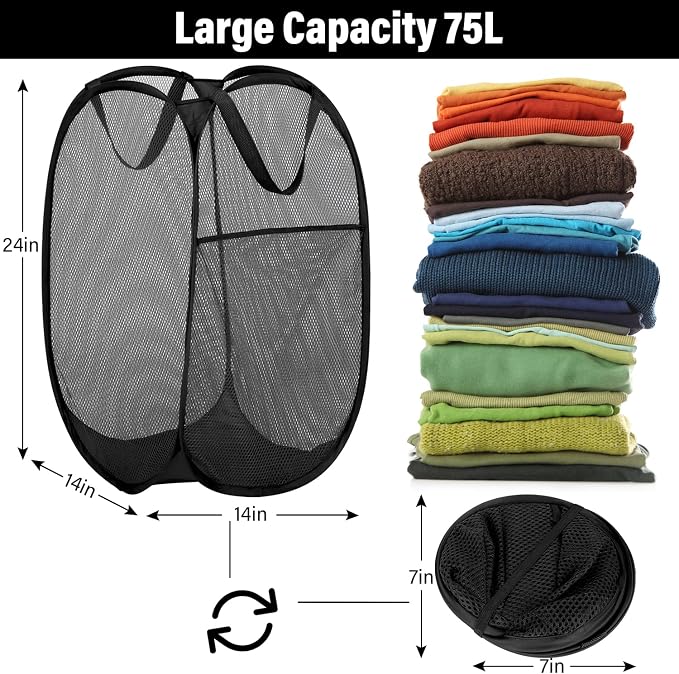 BATTOO Deluxe Strong Mesh Pop up Laundry Hamper Basket with Side Pocket for Laundry Room, Bathroom, Kids Room, College Dorm or Travel 3 Pack Black