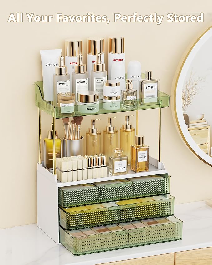 Anylady Bathroom Organizers and Storage, Makeup Organizer (Sturdy Durable Attractive), Ideal for Vanity, Countertop, Counter, Perfume, Skincare, Cabinet, Cosmetic, Dresser Organizer (Green)