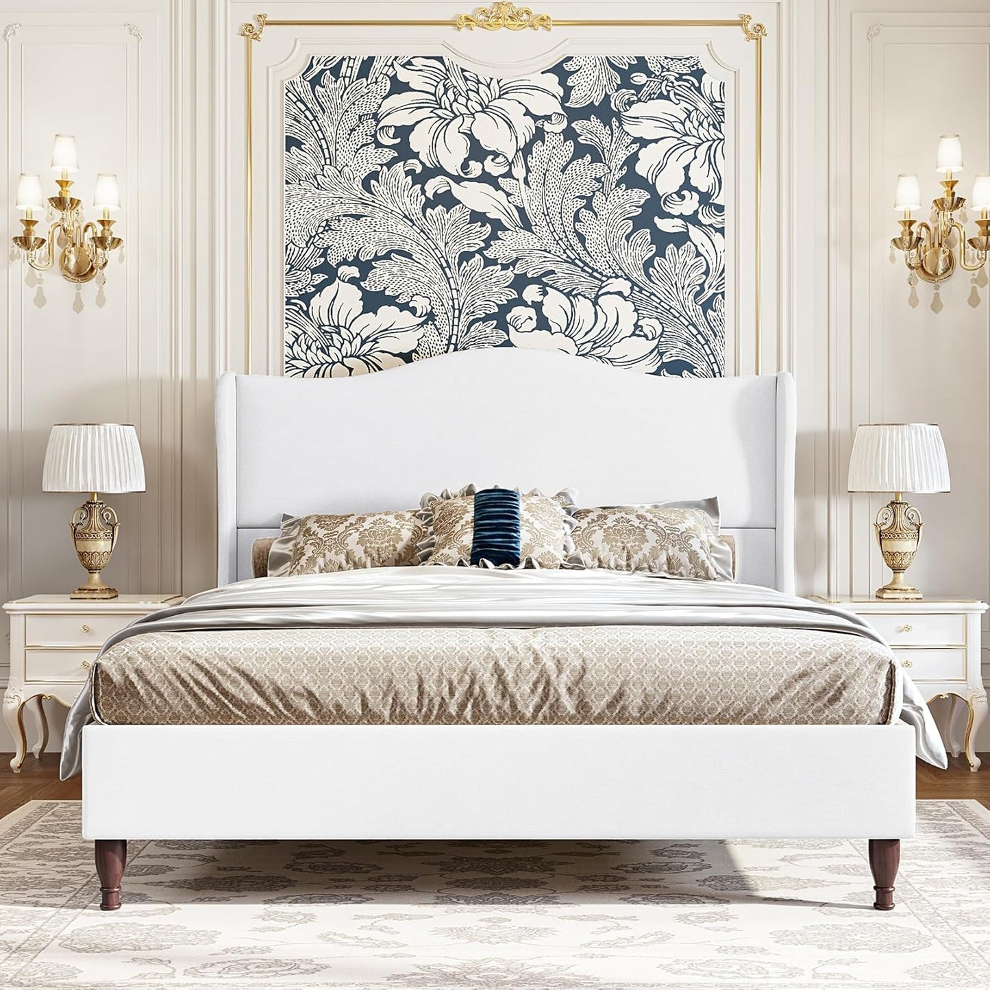koorlian Queen Size Bed Frame with 51" Tall Headboard, Fully Upholstered Platform Bed Frame with with Soft Fabric, Sleigh Wingback, Solid Wood Retro Legs, Modern Minimalist Style, Easy Assembly, White