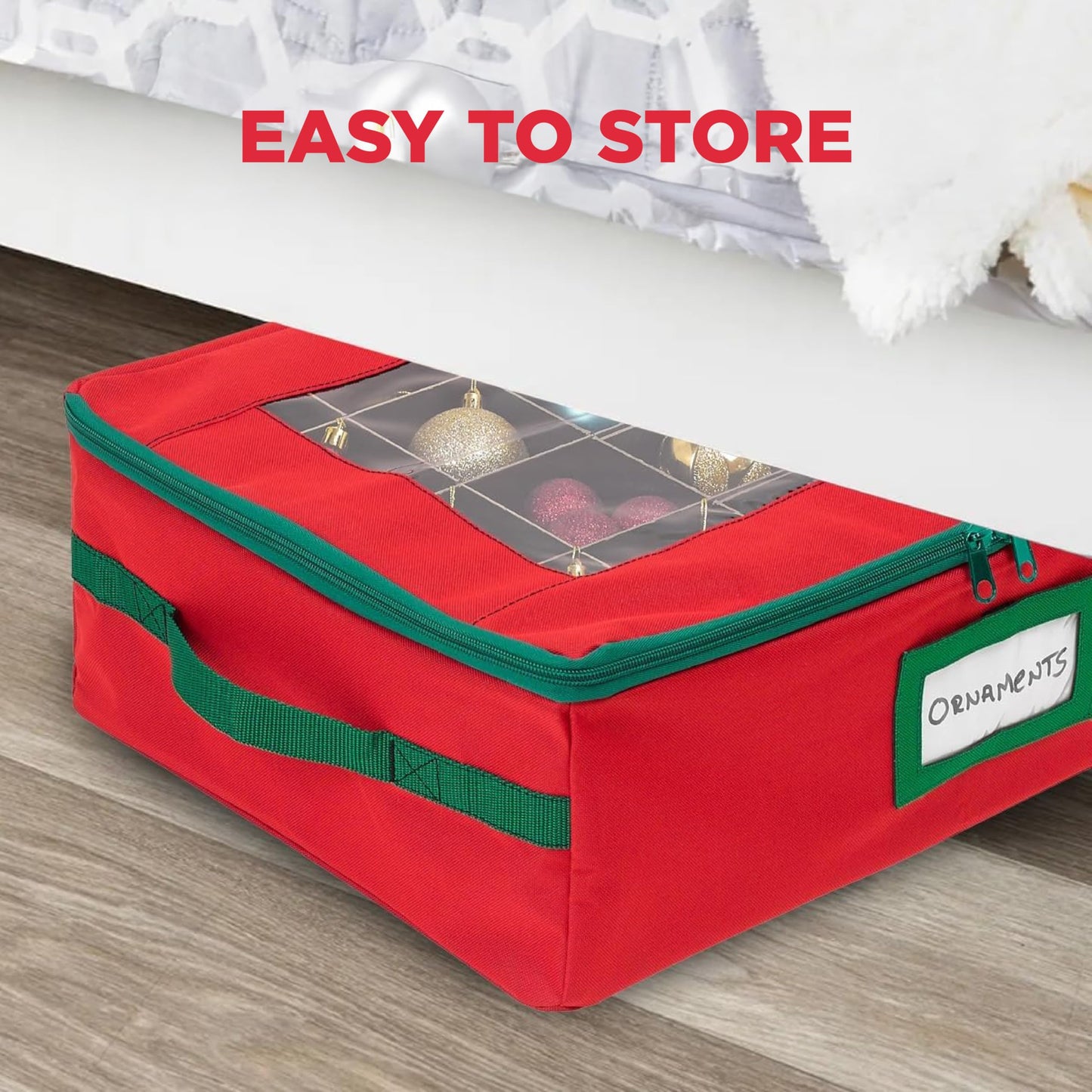 HOLDN’ STORAGE Christmas Ornament Storage Box with Dividers - Fits 48-3” Ornaments, 2 Removable Trays, Durable & Space-Saving, Clear Top Lid, Fits Underbed, Red