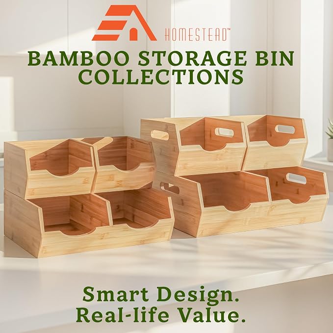 HOMESTEAD Extra Large Bamboo Pantry Storage Bins – 30% Larger, Stackable Potato Onion Storage Bin, Large Pantry Organizers and Storage, Produce Vegetable Organizer, Set of 3