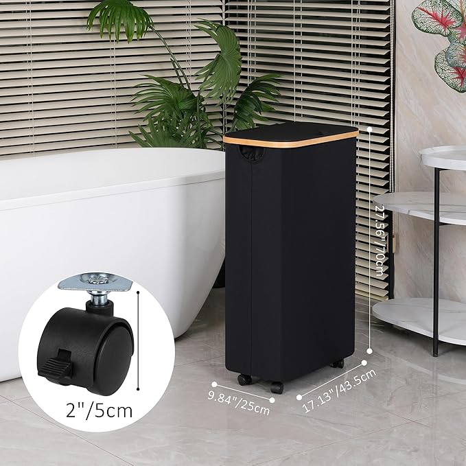 Laundry Hamper with Wheels,75L Laundry Basket with lid Rolling Clothes Basket Foldable Dirty Clothes Hamper on wheels with Bamboo Frame and Bag for Bedroom, Dorm, Laundry Room,Black(20 Gal)