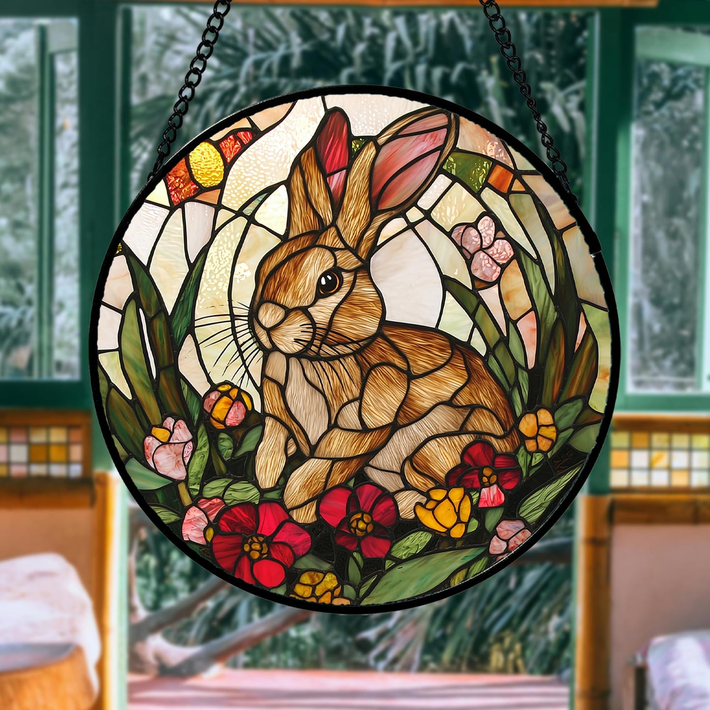 AMDERVEN Stained Glass Window Hanging, Cute Bunny Flowers Sun Catcher for Window Door Home Decor, Rabbit Suncatcher Christmas Mother's Day Birthday Gifts for Women Men Mom and Nana 6.3 in