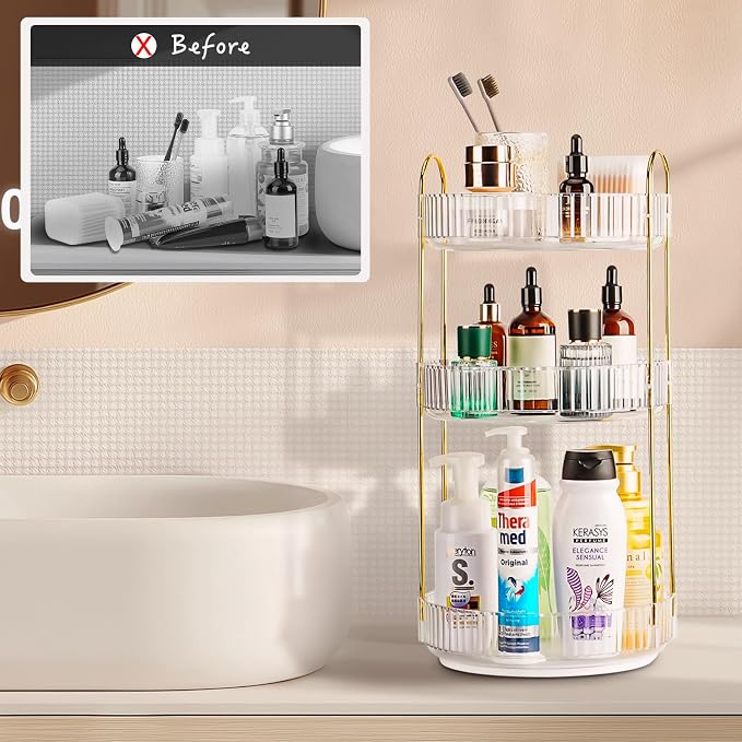 360 Rotating Makeup Organizer, 3 Tier Large Capacity Lazy Susan Bathroom Counter Organizer, Skincare Organizers, Spinning Perfume Organizer & Vanity Organizer Countertop (Golden Clear, 3 Tier)