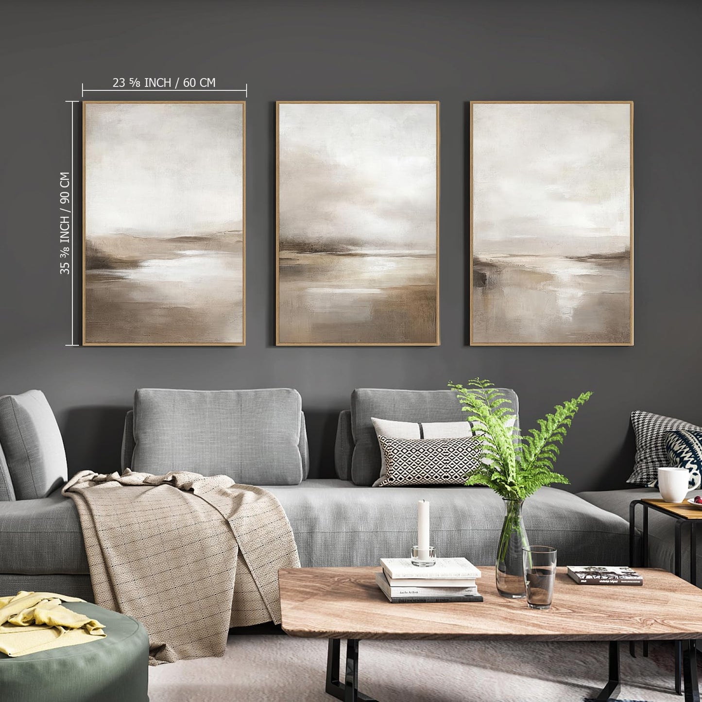 SAFERRYHOME Neutral Abstract Wall Art - Minimalist Framed Canvas Print Set, Landscape Shapes Abstract Illustrations Modern Nordic Calm Decor for Living Room, Bedroom, Bathroom - 3 Panels 24x36 Inch