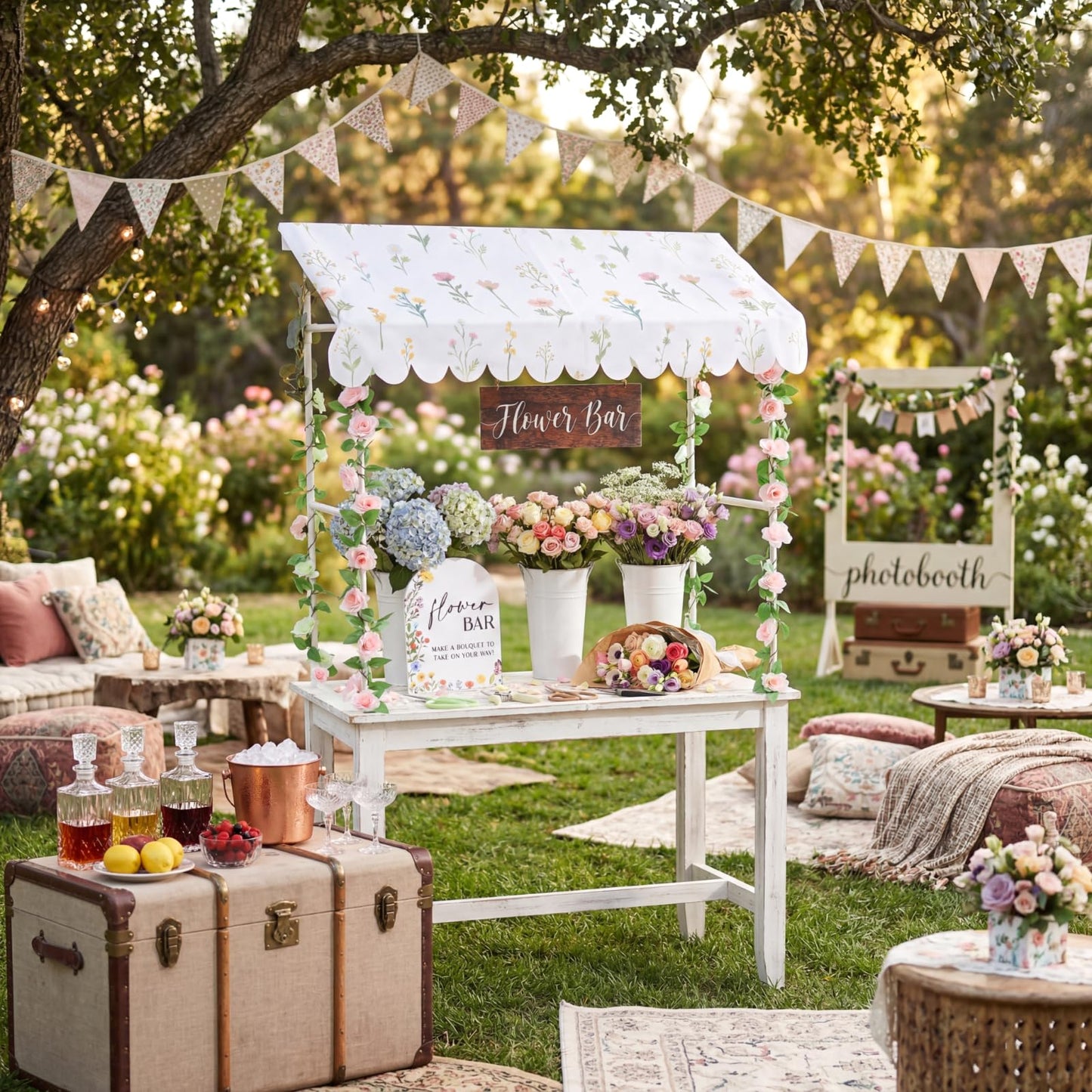 Chunm 7 Pcs Flower Bar Stand Kit Flower Display Bloom Bar with 1 Set Plastic Stand 1 Floral Sunshade Cloth 4 Rose Tinsel 1 Wood Sign for Wedding Shop Floral Party Supplies Garden