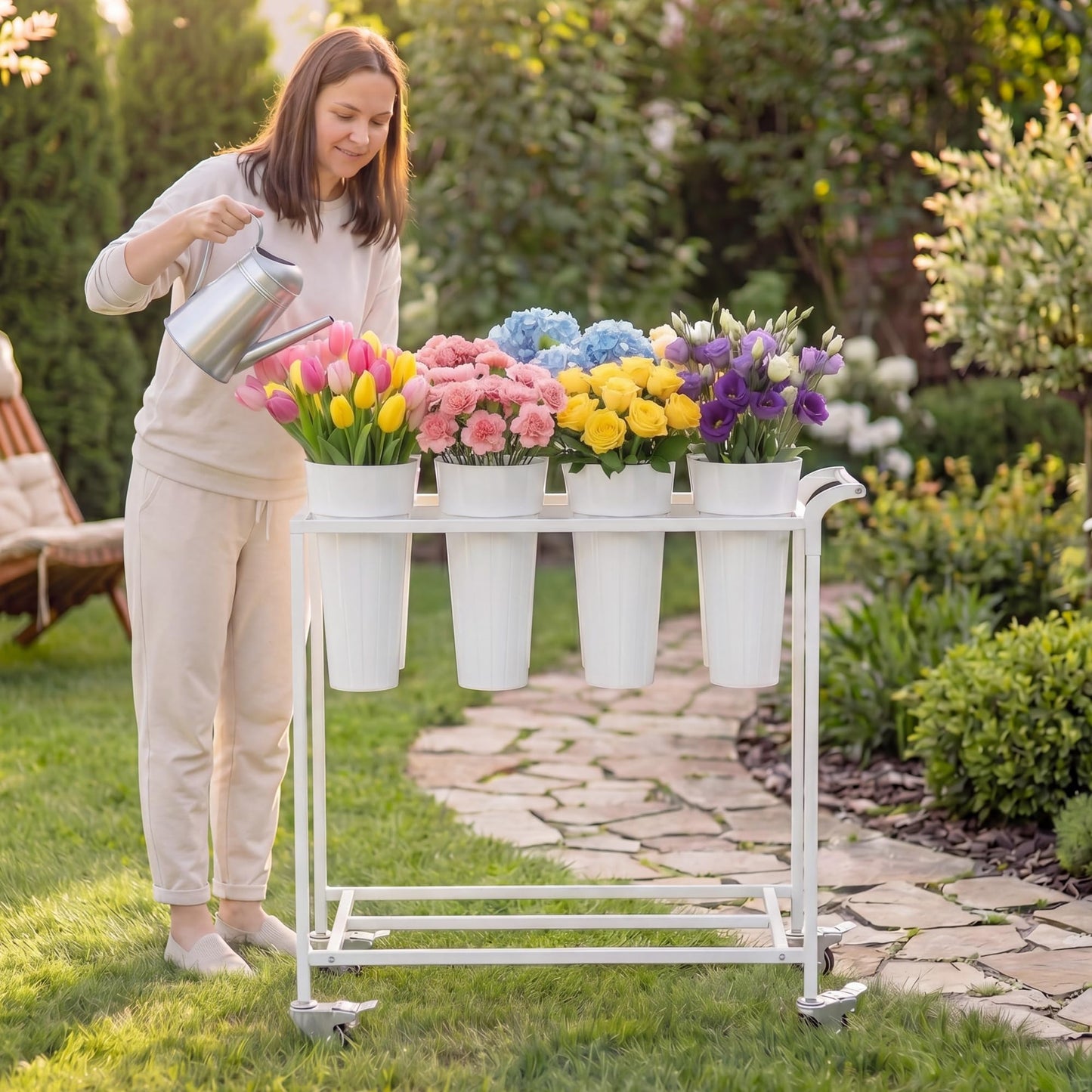 VGMiu Flower Display Stand with 8 Buckets,Flower Cart White Metal Flower Bar Stand with Wheels, Moving Florist Bouquet Shelf for Weddings Florist Indoor Outdoor Patio Garden Living Room