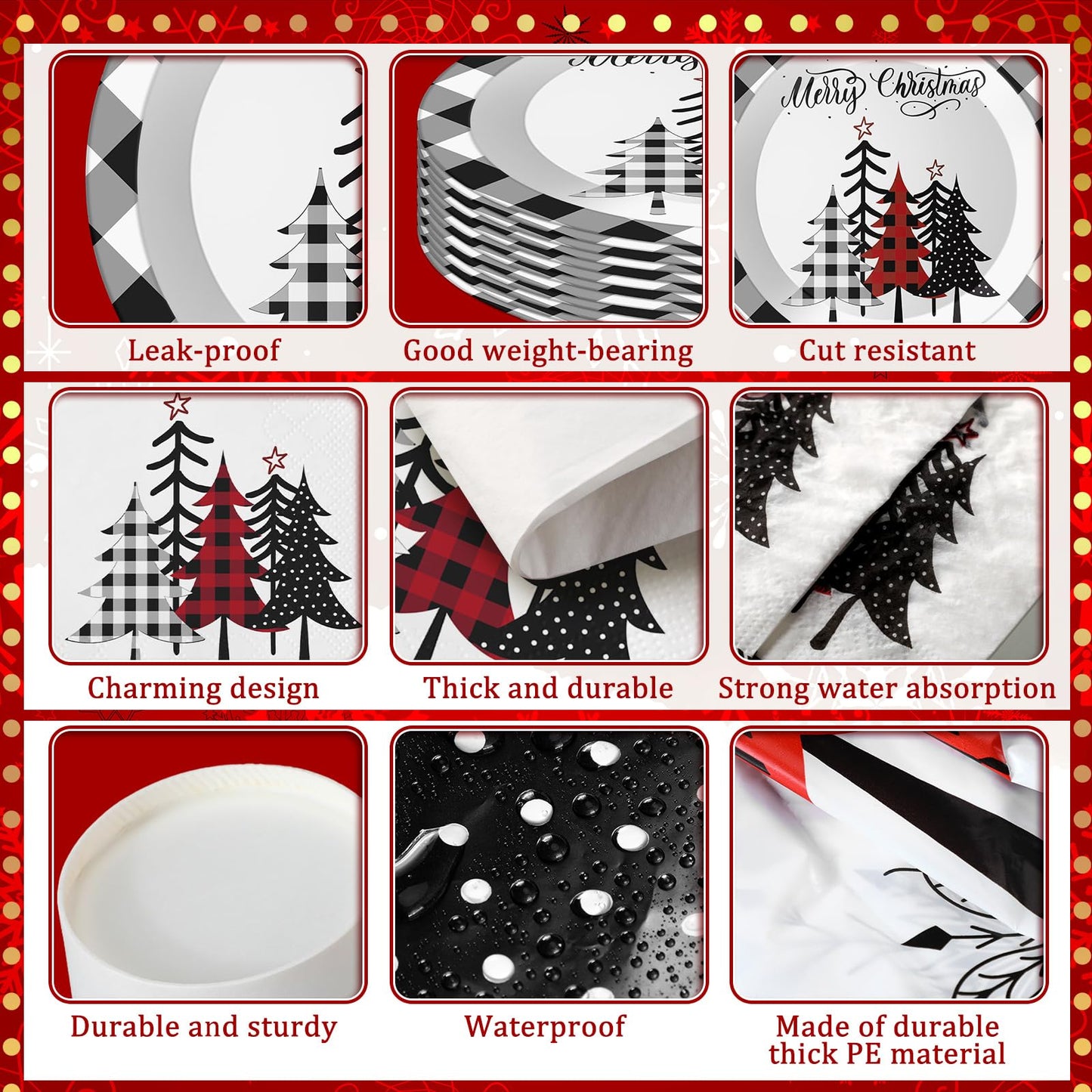 Dandat 402 Pcs Disposable Party Supplies - Christmas Plates Napkins Cups Tablecloth for Holiday Xmas (Black White, Christmas Tree)