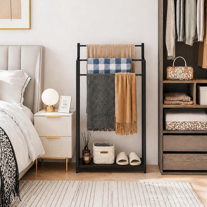Freestanding Towel Rack, 3 Tier Blanket Ladder Stand with Black Wooden Shelf for Bathroom Living Room (31.5" H x 16.9" W x7.9 D)