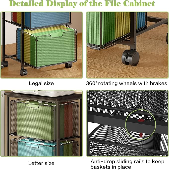 Sbanmao Letter/Legal Rolling File Cart with 2 Storage Drawers, Under Desk Storage, Vertical Filing Cabinet for Home Office, Hanging File Folders Organizer, Mobile Utility Cart Printer Stand, Black