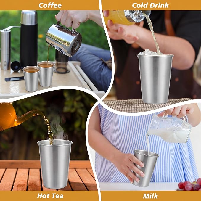 Mimorou 4 Pack 16 oz Stainless Steel Pint Cups Metal Cups Unbreakable Drinking Water Tumblers Stackable Tumbler for Adults Bar Home Restaurant Travel Picnic Camping Outdoor (Silver)