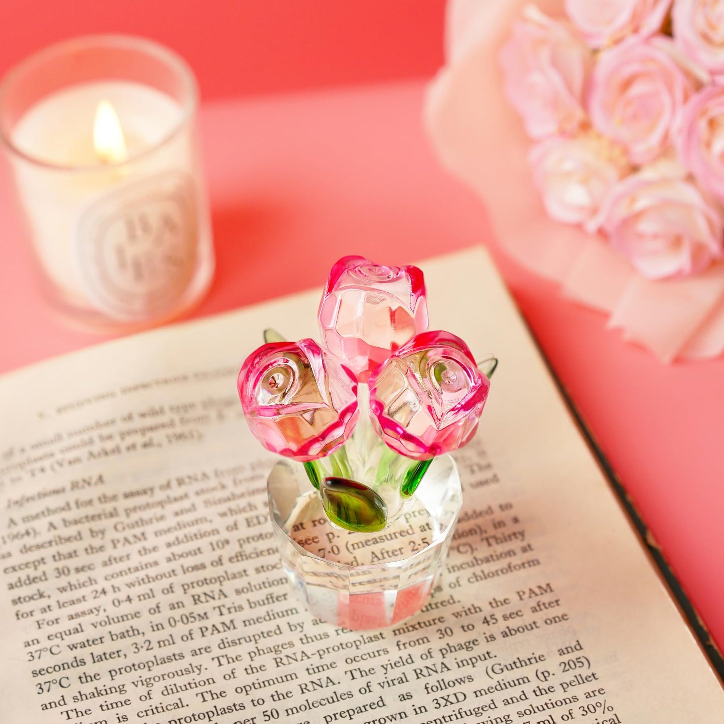KRISININE 3.2 * 2in Crystal Pink Rose Flower Figurine Romantic Gifts for Wife Girlfriend Mom on Birthday Wedding Home Decorations