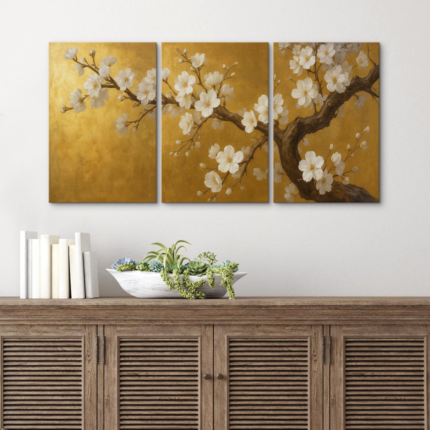 wall26 Canvas Print Wall Art Set Golden Cherry Blossom Tree Elegant Floral Illustrations Fine Art Decorative Botanical Rustic for Living Room, Bedroom, Office - 16"x24" x 3