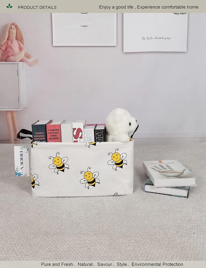 Rectangular Bee Pattern Storage Bin, Decorative Canvas Laundry Basket with Dual Handles, Foldable Toy & Household Organizer, Multipurpose Party Gift Basket for Home Bedroom Dorm(Bee)