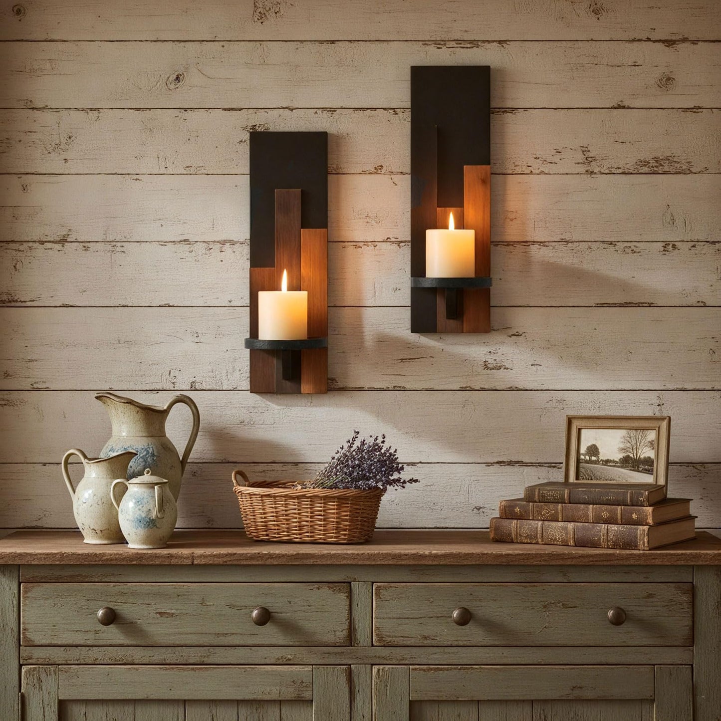 AimtoHome Wood Rustic Candle Sconces, Set of 2 Wall-Mounted Pillar Candle Holders, Antique Classical Wooden Candleholder for Farmhouse, Fireplace, Living Room, Bedroom, Rustic Home Decor