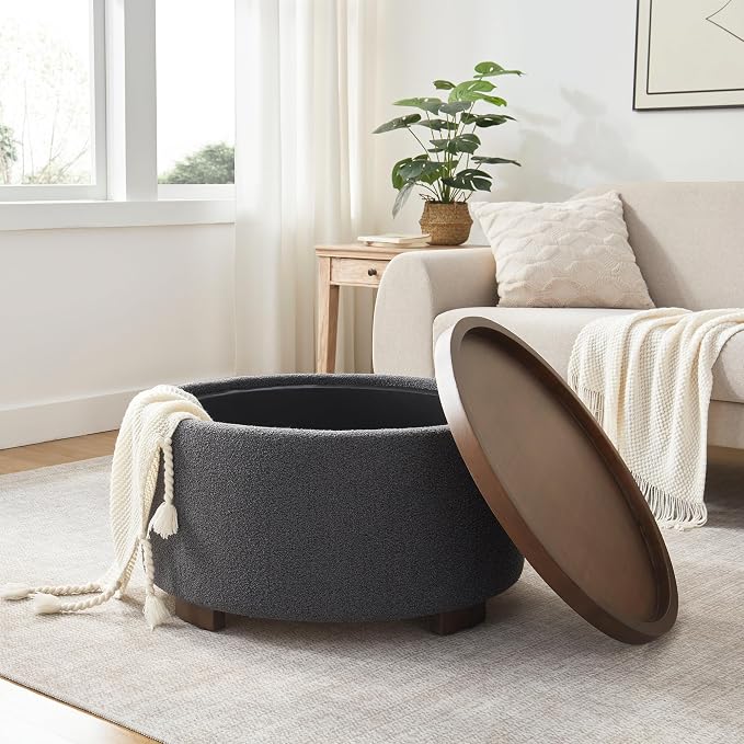 Zihanhome 30 Inch Round Storage Ottoman Coffee Table, Modern Boucle Ottoman with Lift-Off Lid and Solid Wood Legs for Living Room, Bedroom, Corners, Apartments (Grey)