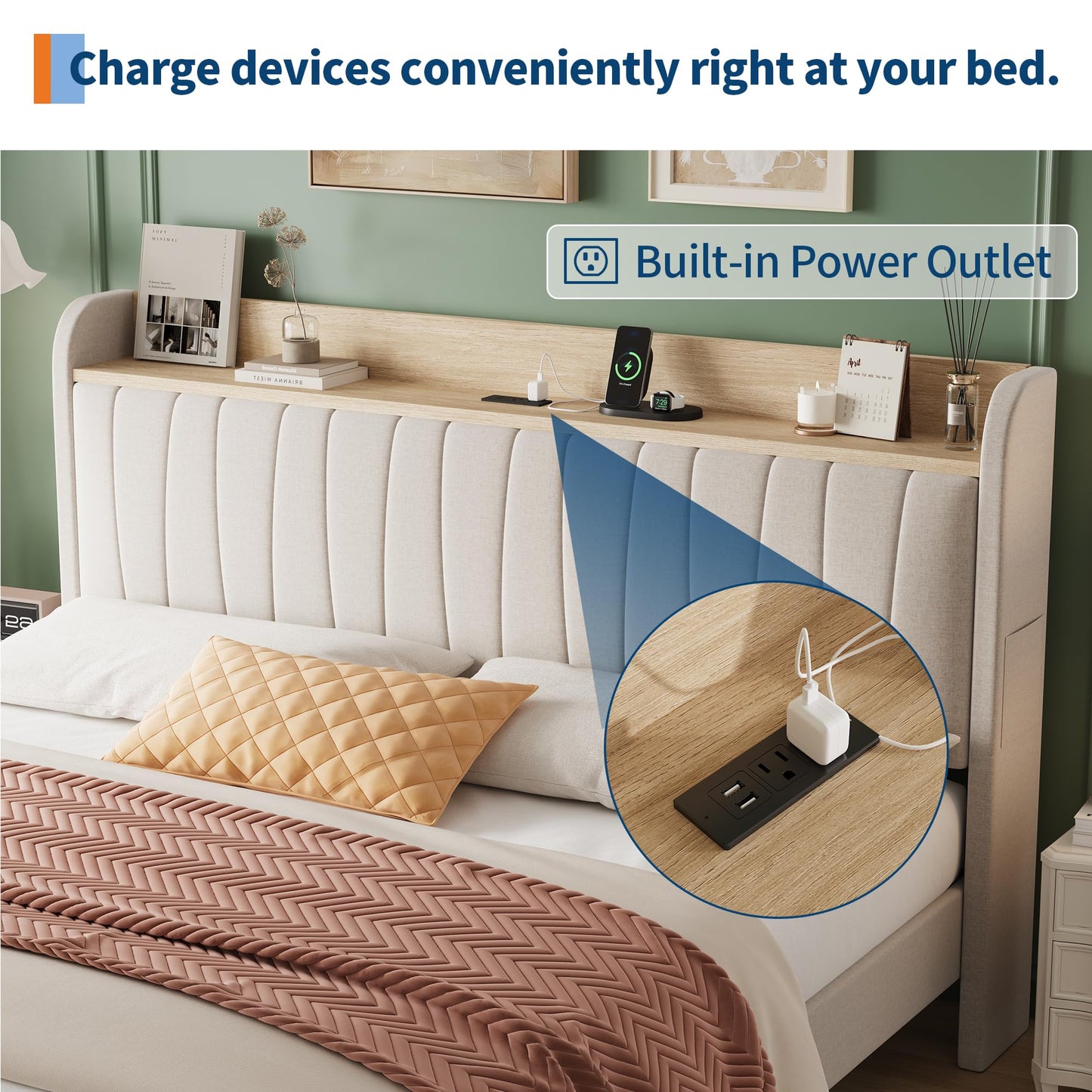 Garvee Upholstered Bed Frame King Size with Storage Headboard and Charging Station, Platform Bed Frame with Drawers, Heavy Duty, No Box Spring Needed, Easy Assembly, Beige