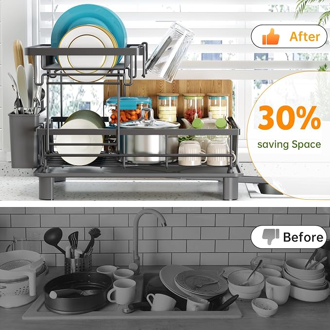 2 Tier Dish Drying Rack, Large Dish Racks for Kitchen Counter with Drying Mat, Detachable Dish Drainer Organizer, Rust-Resistant Space-Saving Dish Rack with Drainboard and Utensil Holder,Gray