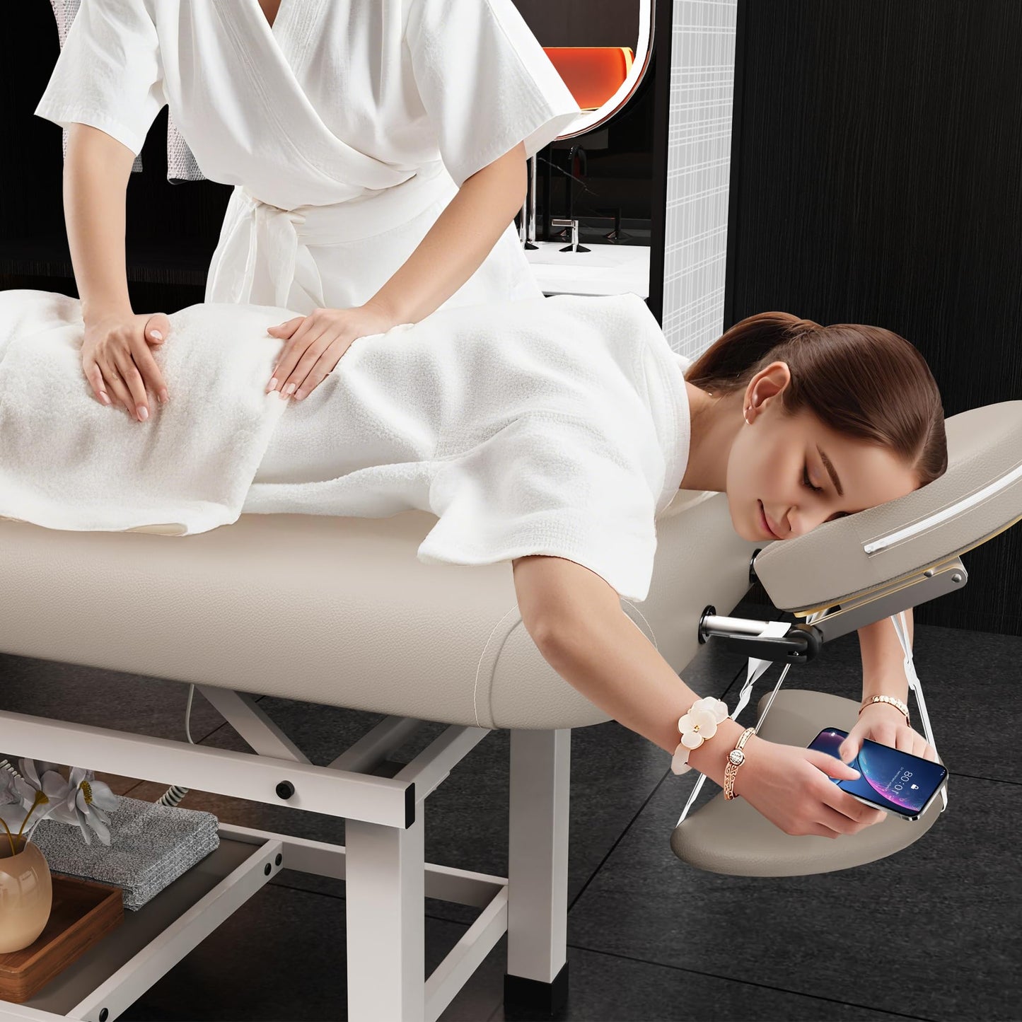 Dolonm 30 Wide x 75 Long Heavy Duty Electric Stationary Massage Table with Backrest Adjustable and Storage Space for Treatment/Medical Spa/Facial/Beauty/Massage Bed and More - Beige Gray