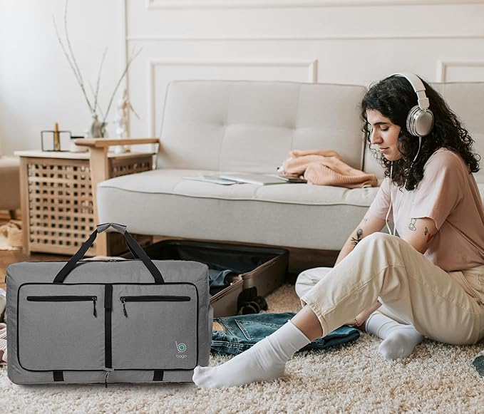 Bago Foldable Duffel Bags for Traveling Women & Men - 60L Medium Packable Duffle Bag for Travel with Shoe Compartment - Water Repellant, Heavy Duty, Lightweight Folding & Collapsible (SnowGray)