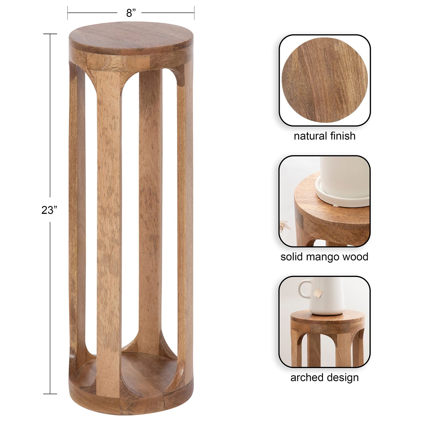 Kate and Laurel Dahl Wooden Round Drink Table; 8 x 23; Natural Brown; Transitional Boho Circle Wood Accent Pedestal Table for Living Room Plant Stand or Small Bedroom Nightstand