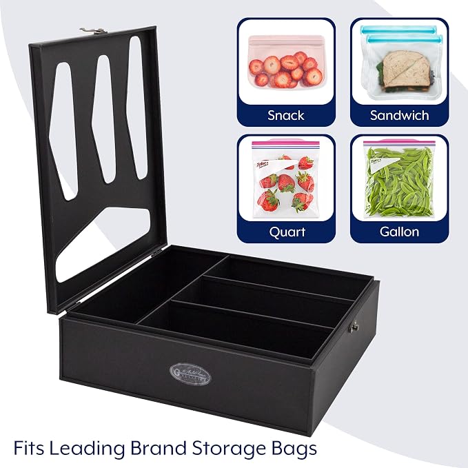 AuldHome Design Enamelware Kitchen Bag Organizer (Black), Farmhouse Style Holder Compatible w/ Zipper Seal Kitchen Storage