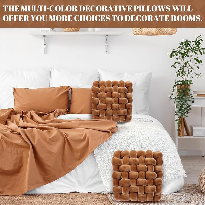 Wenqik 2 Pcs Knot Pillows Square Knotted Plush Throws Soft Accent Pillows Decoration Cushion for Couch Home Office Living Room Bedroom Bed Sofa Decor, 12'' x 13''(Brown,Crystal Velvet)