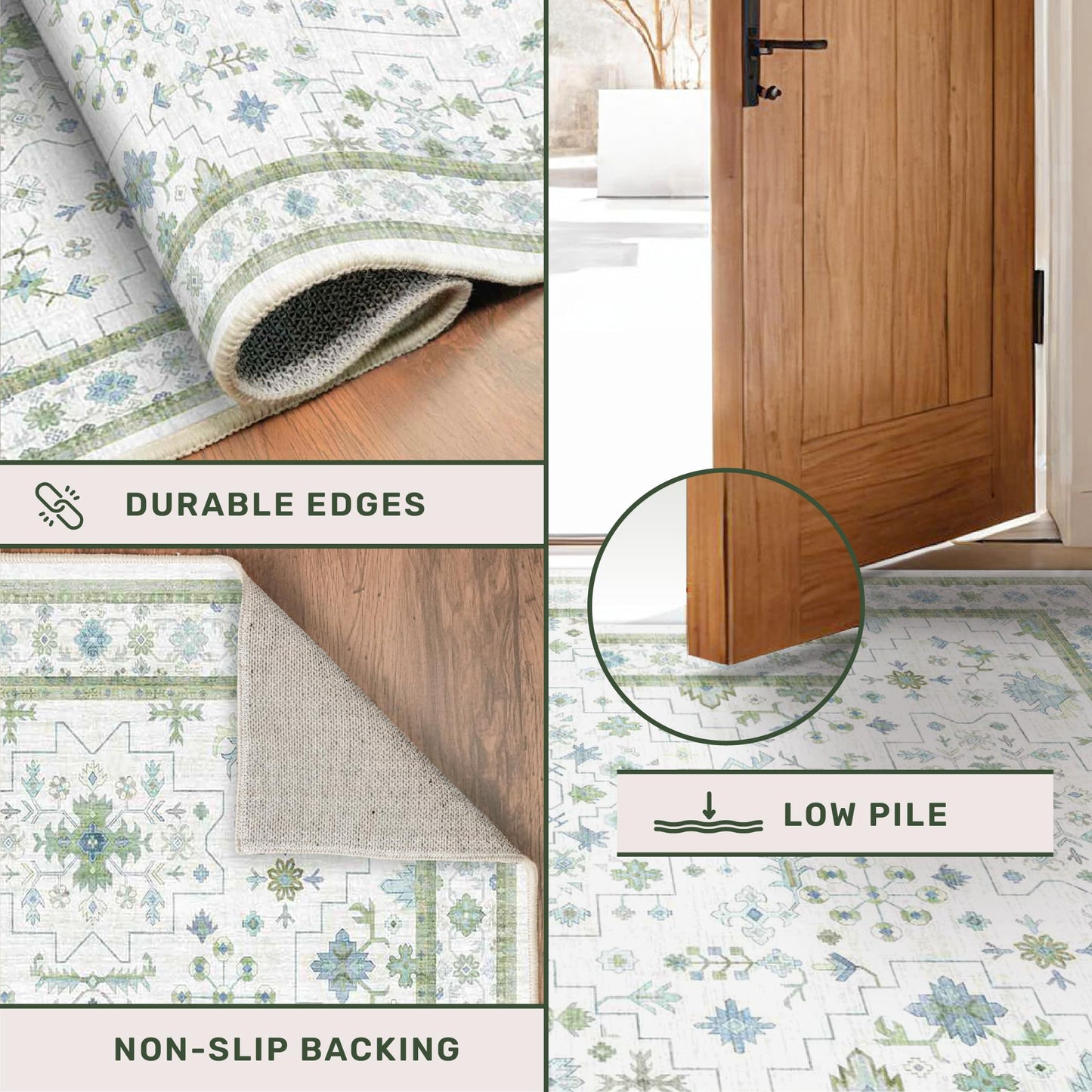 Oriental 10x14 Rug Living Room - Washable Oushak Boho Extra Large for Bedroom Non Slip Soft Faux Wool Carpet for Dining Room Playroom - Cream Blue and Green Floral Rug