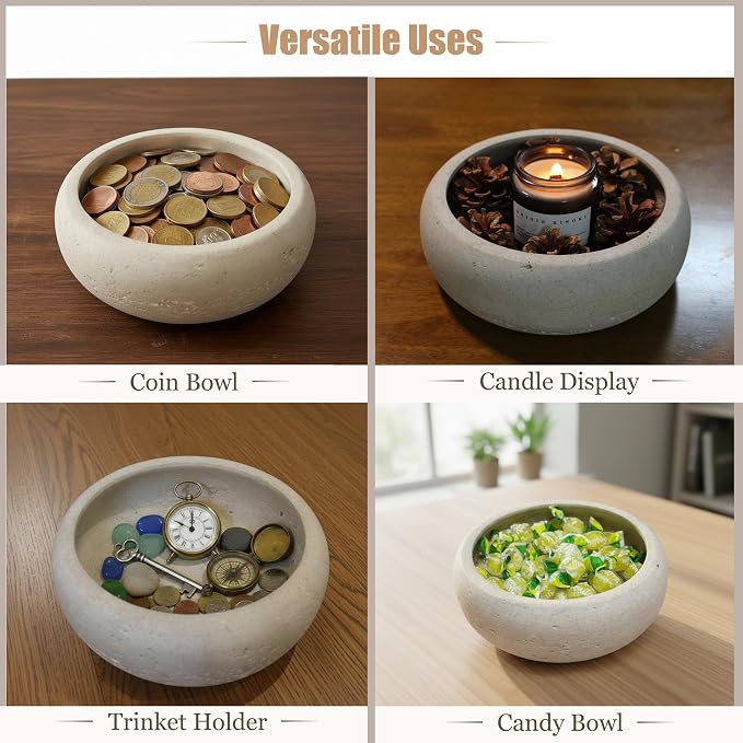 Travertine Decorative Bowl, 7.5” Natural Stone Candy Bowl, Coffee Table Catchall Dish for Living Room, Candle, Key, Trinket Holder & Hand Crafted Home Decor