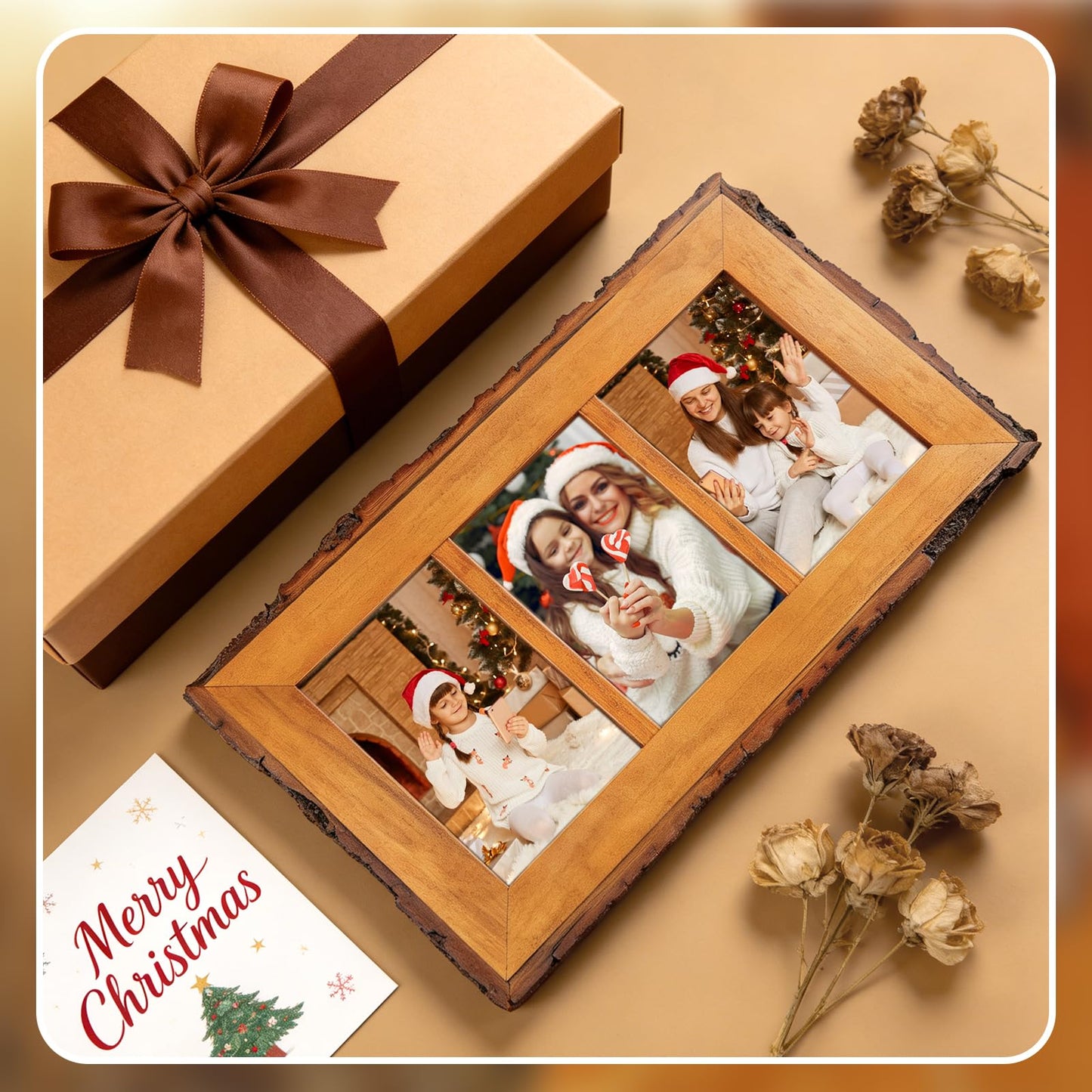 Golden State Art, 4x6 Collage Picture Frame - Solid Wood with Real Glass - Multi Picture Frame for (3) 4x6 Photos - Natural Bark Edges Design - Farmhouse Collage Wall Decor - Rustic Brown