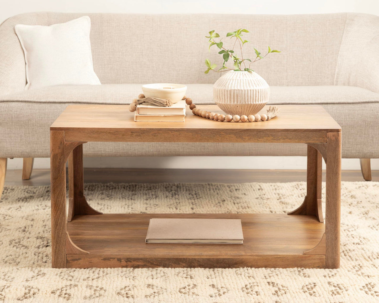 Kate and Laurel Dahl Transitional Rectangular Coffee Table; 36 x 20 x 18; Natural Wood; Modern Rectangle Living Room Table with Solid Mango Wood Construction and Bonus Underlying Storage