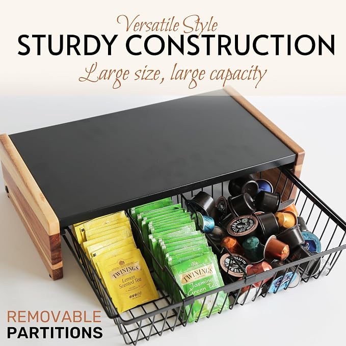 WILDMOS Tea Bag Organizer,Wire Basket Drawer Design for Teabag Holder Container for Countertop,Tea Station Chest Display Container Box for Countertop Kitchen.